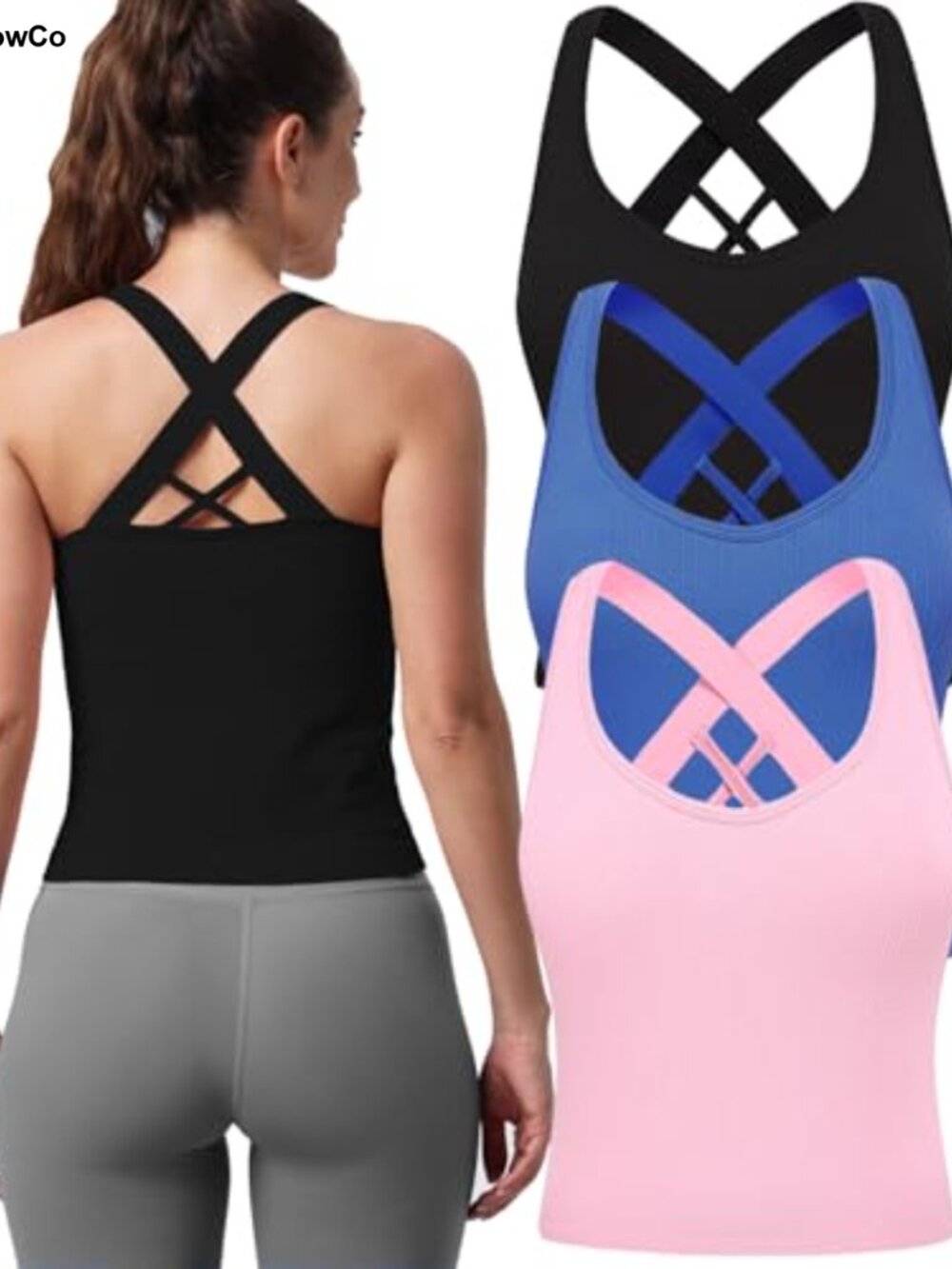 Seamless Yoga Crop Tank Tops for Women, Strappy Back with Built in Bra, Medium